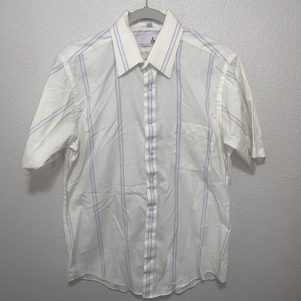 Ketch Men’s Button Down Shirt Size M Cream W/ Purple Stripes